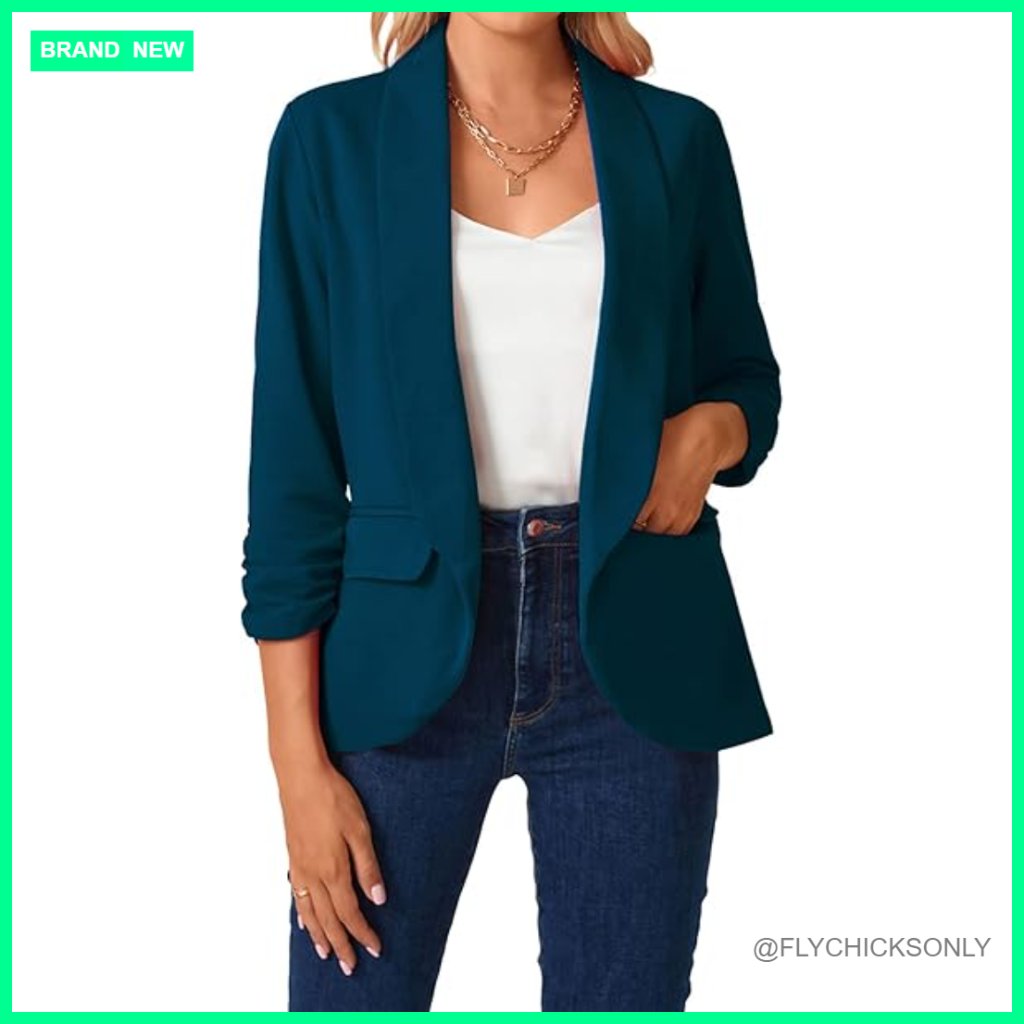 Lightweight Polyester Blazer With 3/4 Ruched Sleeves And Shawl Collar